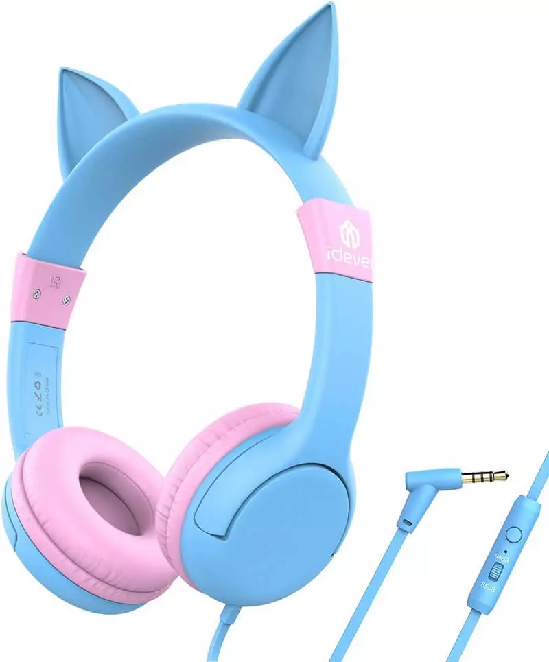 iClever Kids Headphones with Microphone Cat Ear Headphones for Boys Girls, Children Wired Headphones for School Blue Pink